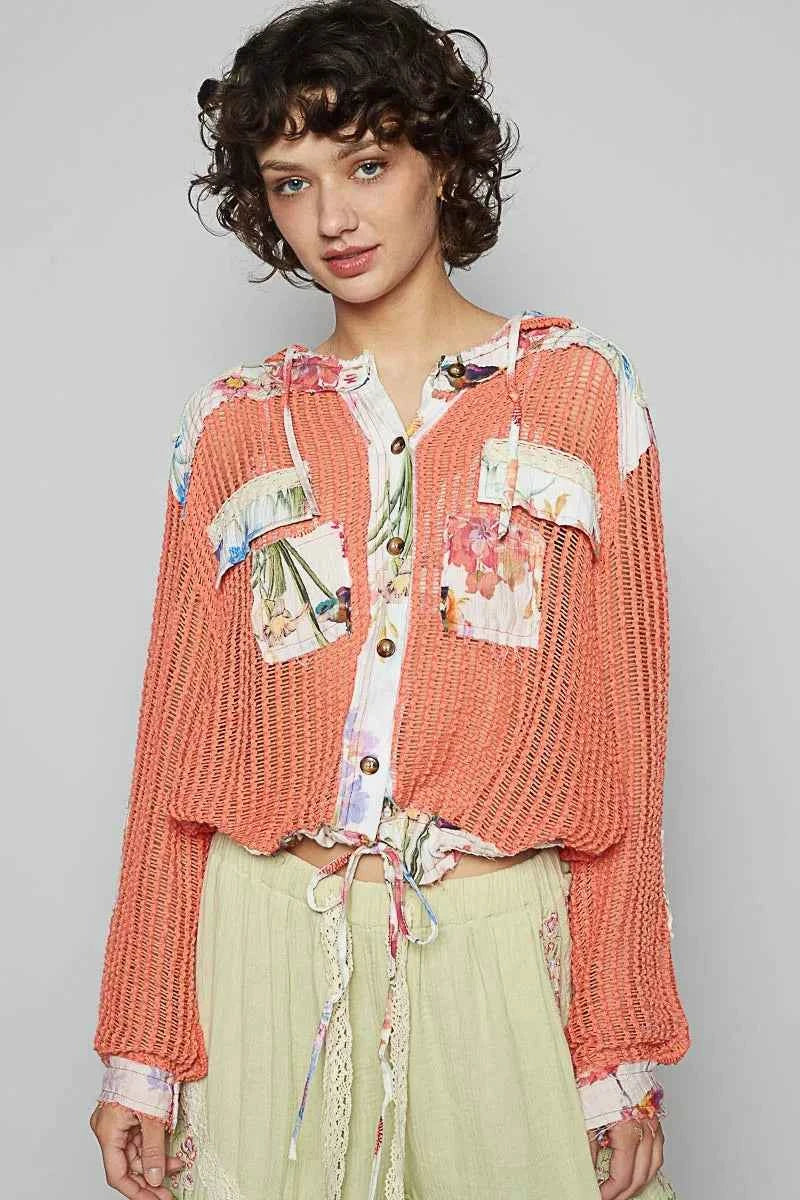 POL Vintage Washed Crochet Hoodie Jacket With Patchwork CORAL ORANGE MULTI 8586071411254ef68ae4ef70b4943104-Max-Origin