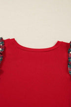 Racing Red Plaid Pearl Ruffled Sleeve Knitted Christmas Holiday Plus Size Top 85930134769046e0