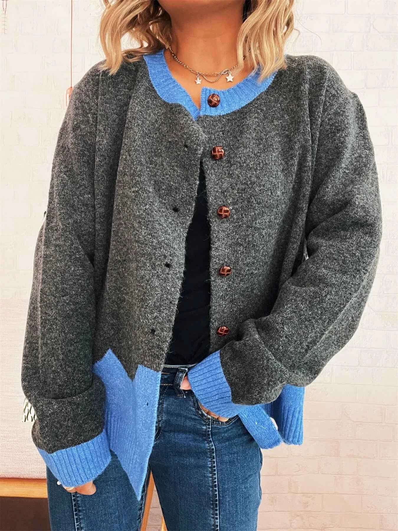 Button-Front Contrast Trim Cardigan Dark Gray One Size 8598a5923ead4dc59e904f56168f7bf8-Max-Origin