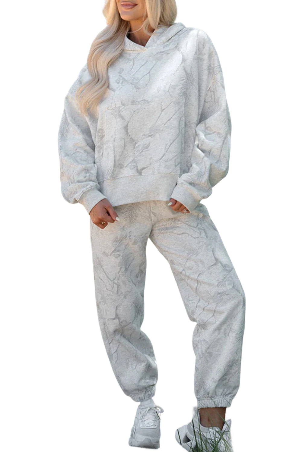 Light Grey Abstract Print Loose Drop Sleeve Hoodie and Pants Set 8599039d991850dd