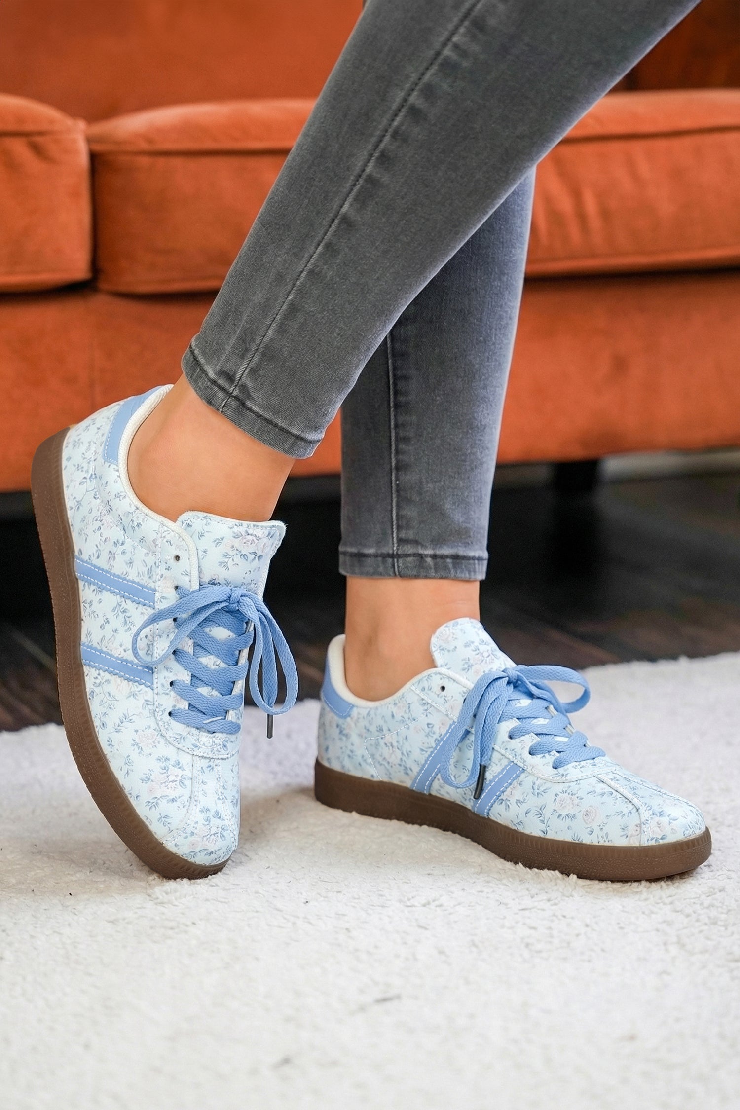 Light Blue Floral Print Lace-up PU Leather Flat Shoes 8599680f260a8036