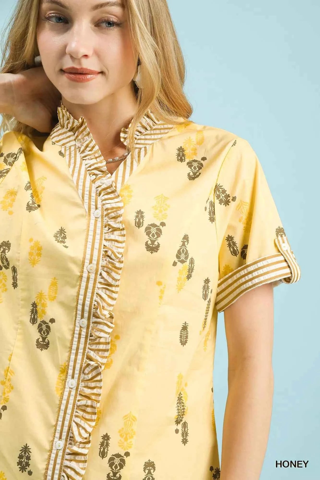 Umgee Printed Ruffle Trim Button Front Blouse 859f423a-4920-4ce7-abbf-60115705ae6b-Max-Origin