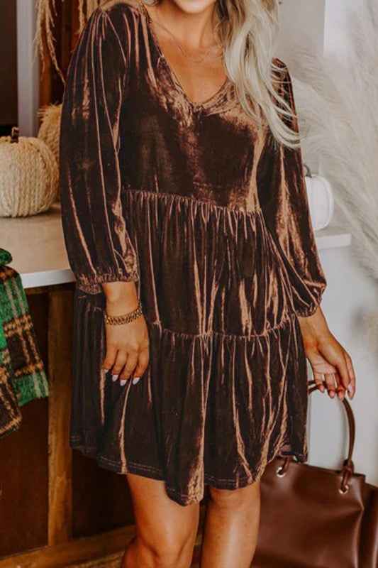 Velvet V-Neck Long Sleeve Tiered Mini Dress Chicory Coffee 85a25279-ea5f-497a-8635-d949558909f4_674aab3d-a07a-4c47-8042-9a2a67685eba