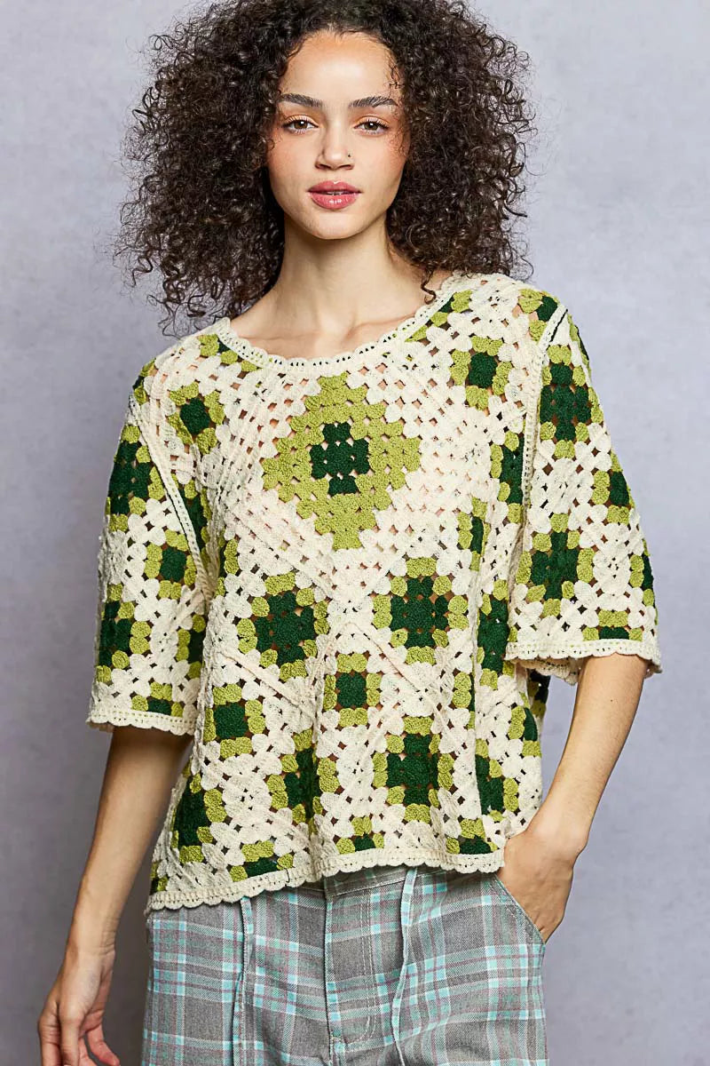 POL Round Neck Short Sleeve Color Pattern Crochet Top with Border Accents OLIVE MULTI 85a32ab4-c754-40bf-93ef-dce265793f3b-Max-Origin