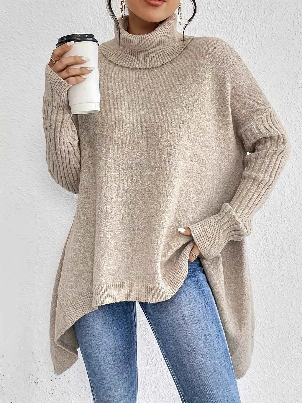 Turtleneck Dropped Shoulder Sweater Apricot 85a996701dc44c7fa92104b34bdf85f3-Max-Origin