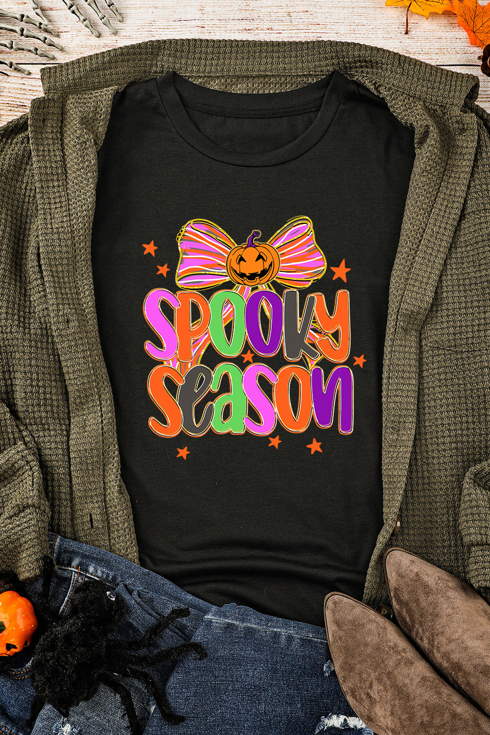 Black SPOOKY SEASON Halloween Pumpkin Bow Heat Transfer Printing T Shirt Black 62%Polyester+32%Cotton+6%Elastane 85ab7cca3d0ba8f9