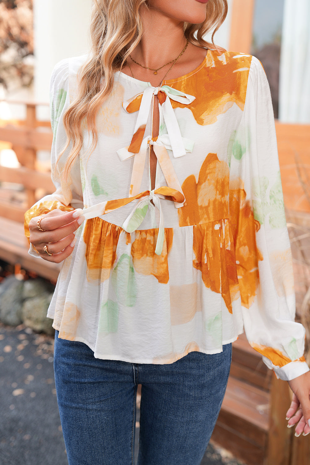 Carrot Abstract Print Bubble Sleeve Bow Front Top 85ae7d8f8917ff74