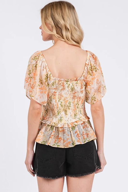 Floral Chiffon Smocked Square Neck Peplum Top 85b92c514f8943719cc264f329c39a96-Max-Origin