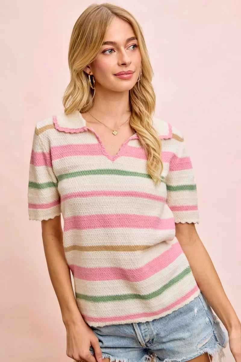 BiBi Multi Colors Stripes Collared Knit Top 85b98ae40661437f82a984193db171f5-Max-Origin