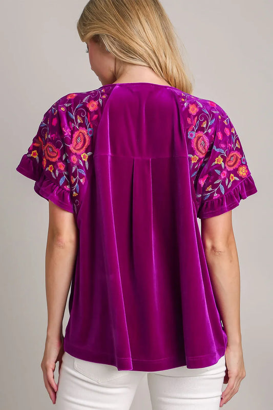 Umgee Full Size Velvet Embroidery Short Sleeve Blouse 85ba005a-7847-4650-be57-32ae78152652-Max
