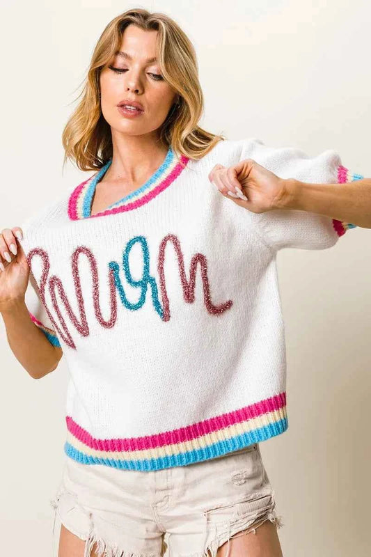 BiBi Metallic Letter Short Puff Sleeve Sweater 85bb75d9cbba4818890d1a290d809374-Max-Origin