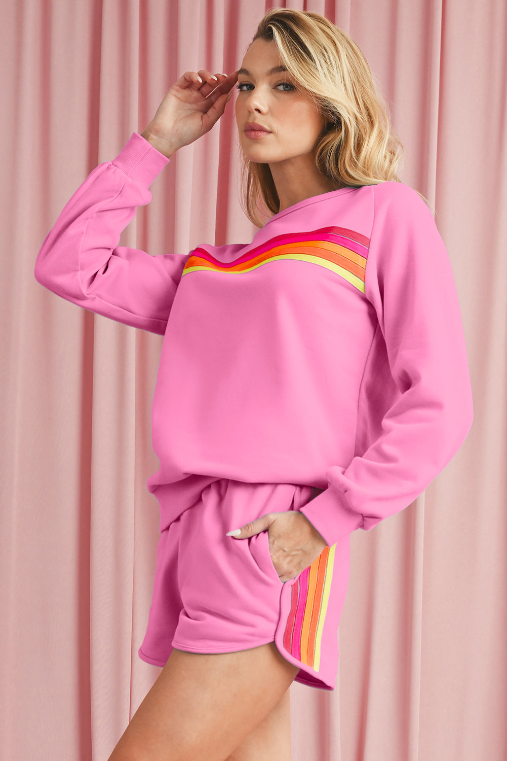 Bonbon Colorful Striped Long Sleeve Pullover and Shorts Set 85bf242df07087e5