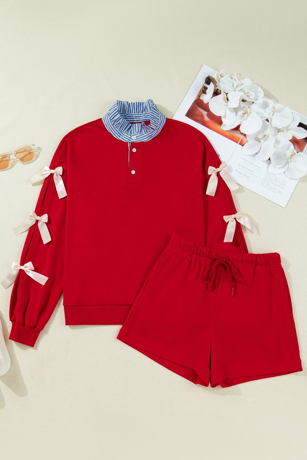 Racing Red Striped Collar Knot Sleeve Sweatshirt and Shorts Set 85bf4dc9a7c38d04