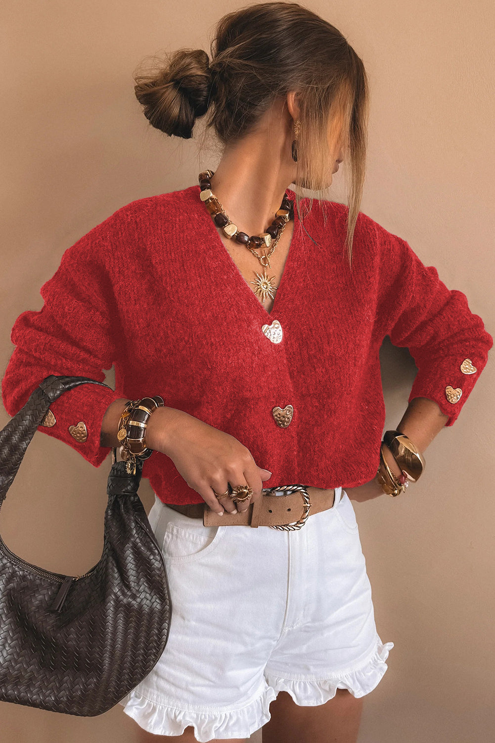 Fiery Red Heart Metal Button V Neck Cardigan Sweater 85c2f5cc9f691082