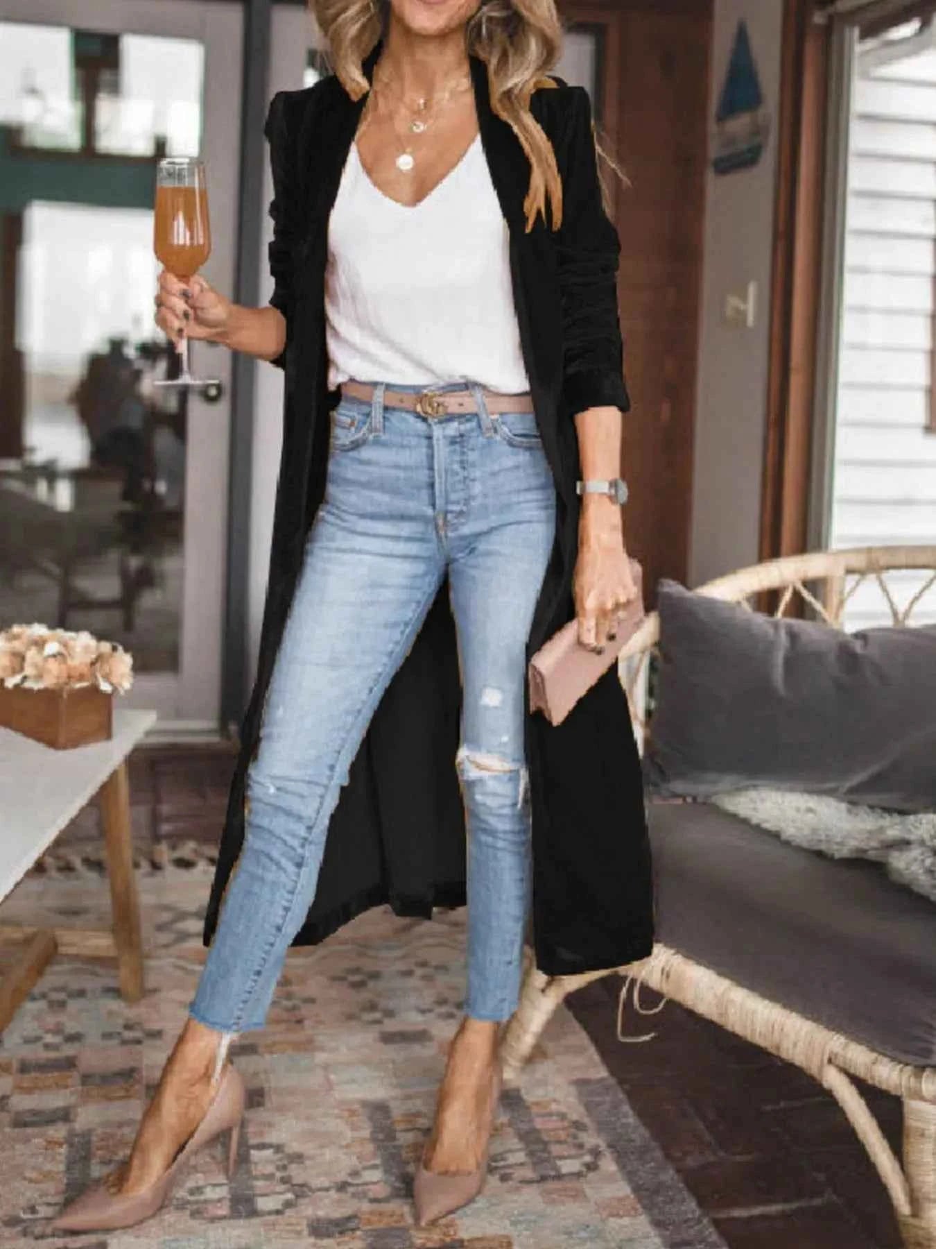 Open Front Long Sleeve Longline Cardigan Black 85c9f7f7c94940fab8d90d1a23f36e3e-Max-Origin