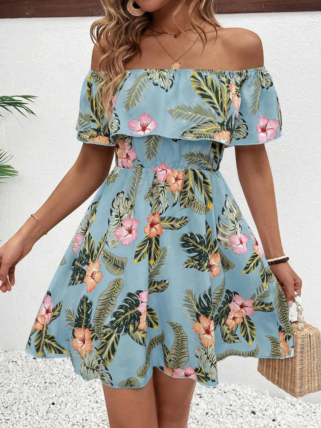 Printed Off Shoulder Mini Dress Light Blue 85cd14c7-2c7c-4390-8081-0fc6a2ba476a-Max-Origin