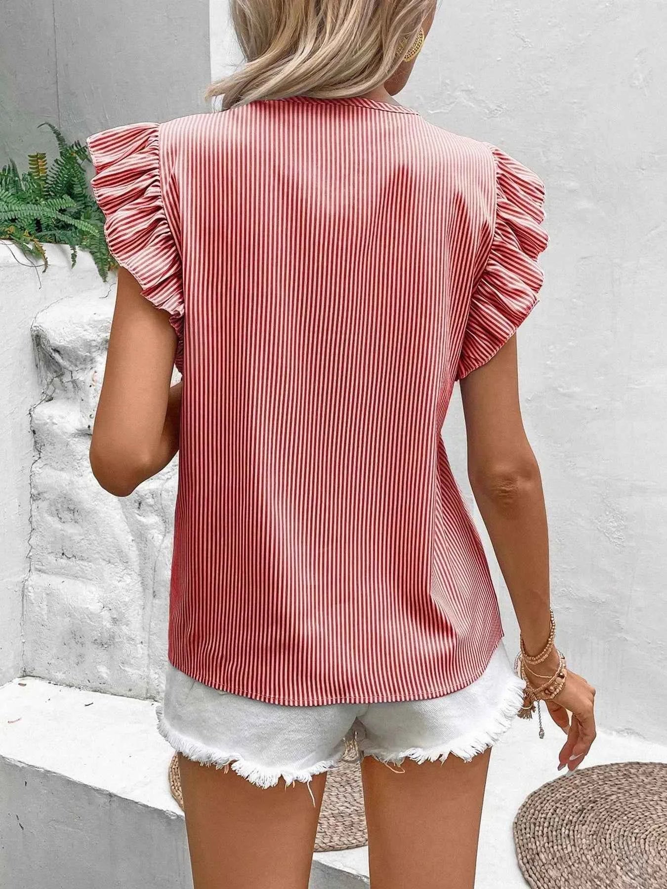 Striped Ruffle Sleeve Tie Front Blouse 85cf00148b764190bd5763e9c796d0cb-Max-Origin