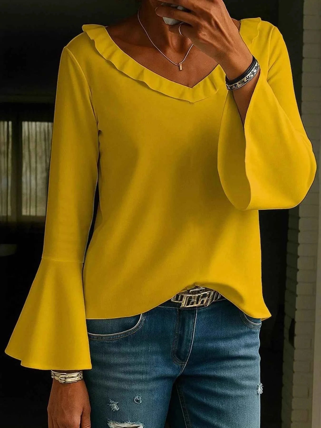 Full Size Ruffled V-Neck Long Sleeve Blouse Plus Size Gold 85d33db1-7403-42bc-ab83-8a8e42247358-Max-Origin