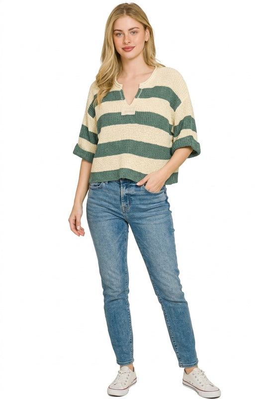 Split Neck Stripe Sweater 85d35fa4-b9e4-4b8d-bc12-9af77c4fef7b-Max