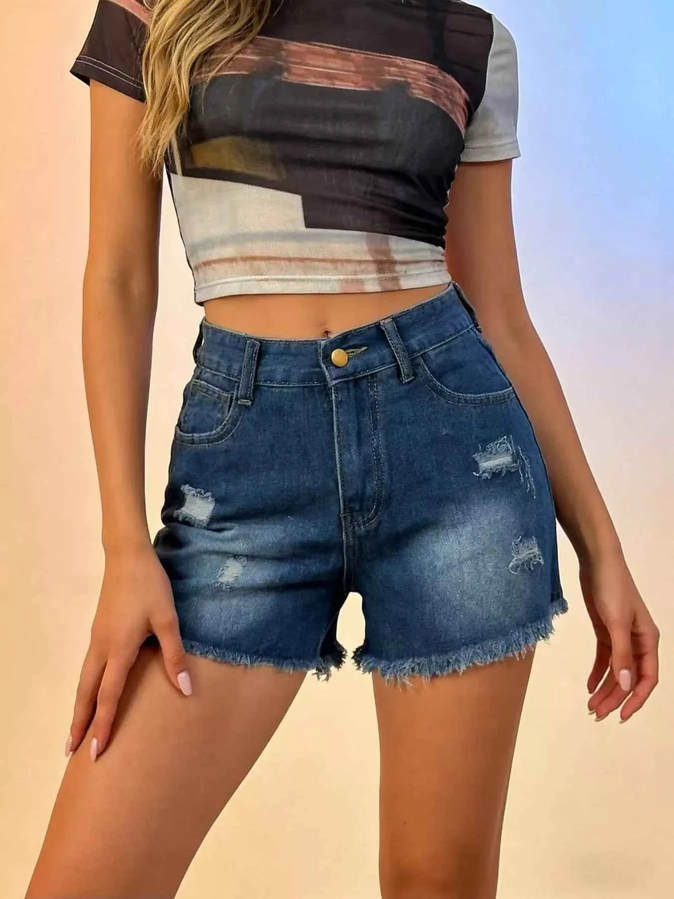 Distressed Frayed Hem Denim Shorts Dark Blue 85d48d501e3b464ea27fc1325a080fbd-Max-Origin