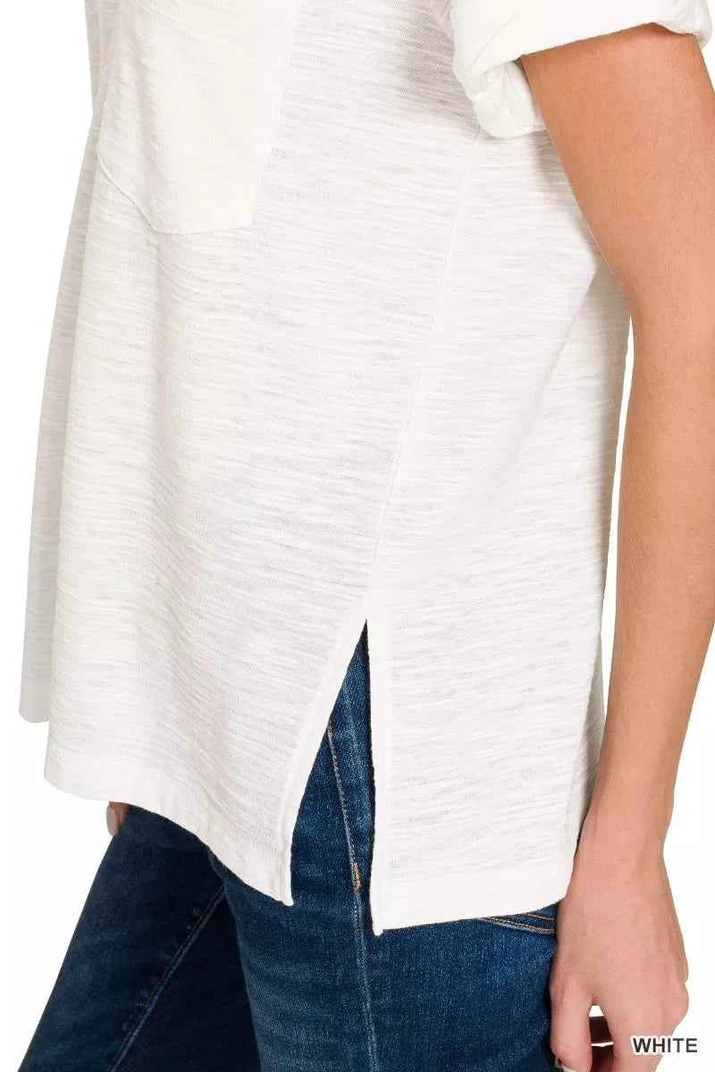 Zenana Slub Rolled Short Sleeve V-Neck Tee 85d4f7277264471a92943552ac7530bd-Max-Origin