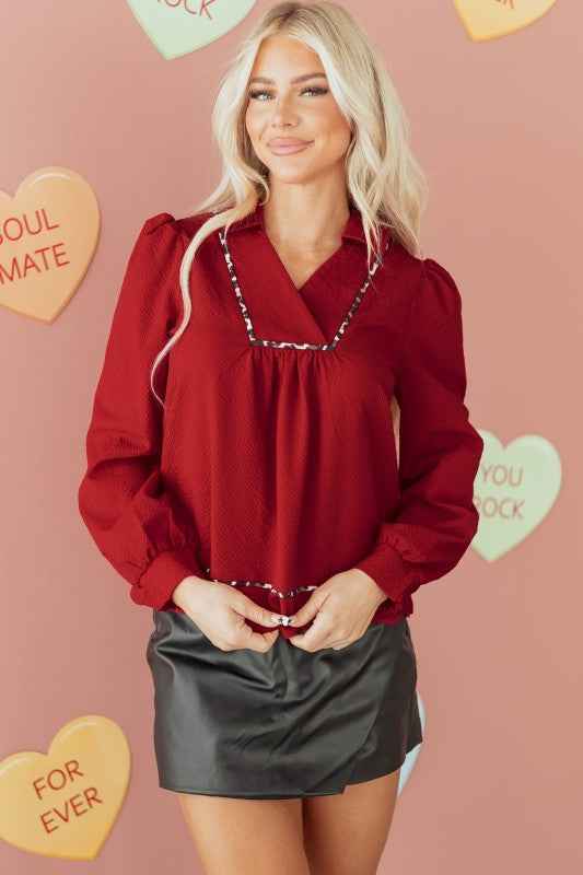 Alma Contrasted Trim Textured Blouse Fiery Red 85d50762-37e9-4356-8cfa-07eb9e2095d0