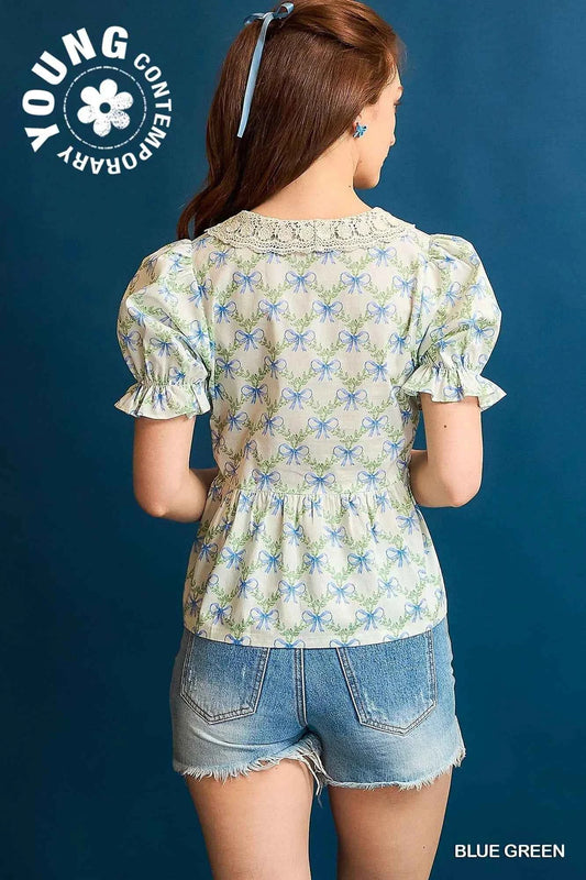 Lace Detail Bow Print Flounce Sleeve Blouse 85d90316-4b02-4318-a846-3cb583aee7e6-Max-Origin