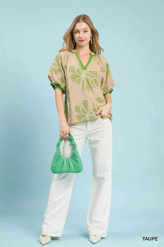 Embroidered V-Neck Short Sleeve Top 85dd6ef6-d433-4cf3-9391-7179ef577ff4-Max-Origin