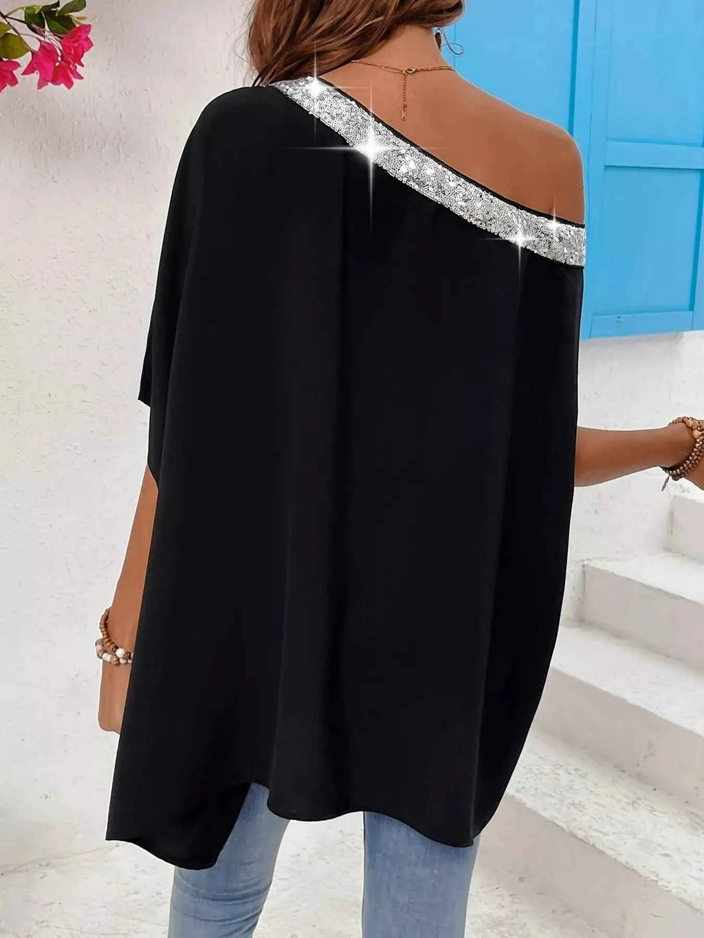 Sequined One Shoulder Batwing Sleeve Blouse 85e5e1484a884855af9f84b0a5831fab-Max-Origin