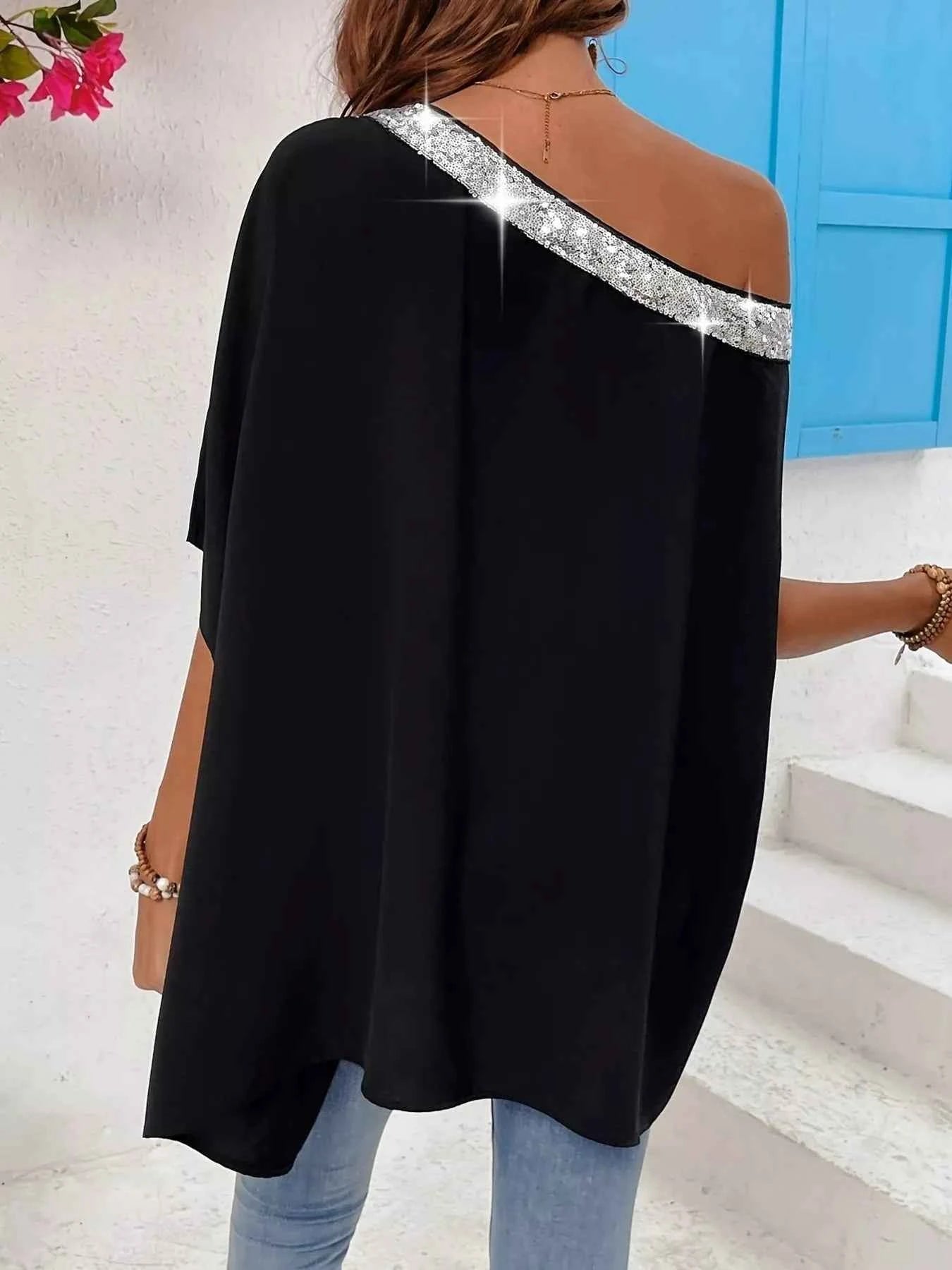Sequined One Shoulder Batwing Sleeve Blouse 85e5e1484a884855af9f84b0a5831fab-Max-Origin