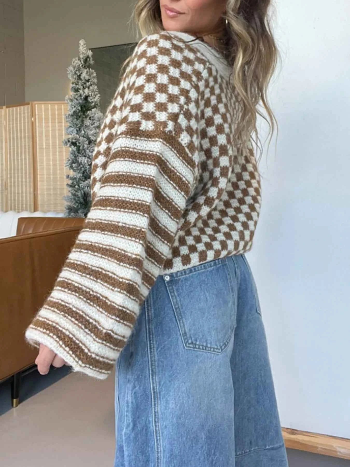 Checkered and Striped Pattern Button-Front Cropped Cardigan