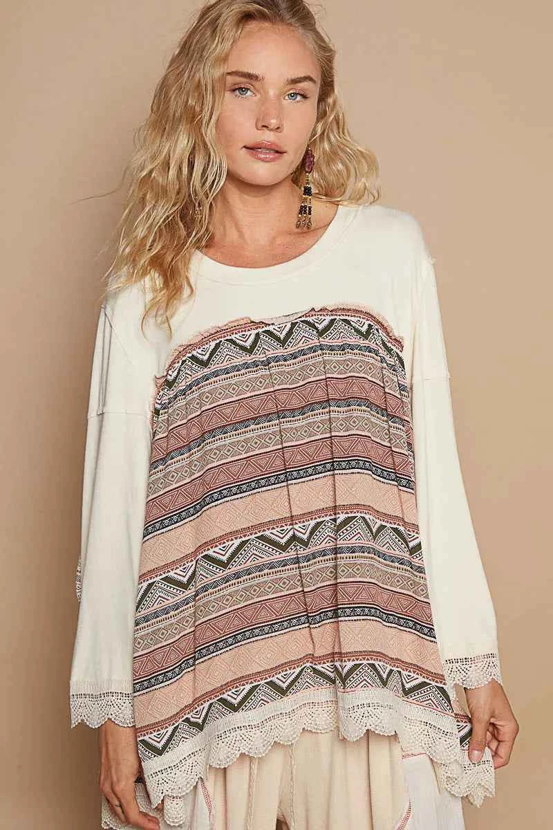 POL Bohemian Geometric Print Long Sleeve Top with Lace Trim BUTTER MILK 85efaf0a-94a6-42e0-9ddb-9ee3cdcb269b-Max-Origin