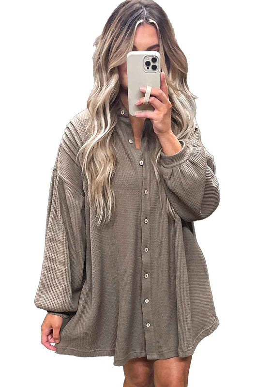 Simply Taupe Waffle Knit Shirt Tunic Mini Dress 85efc377401b0151