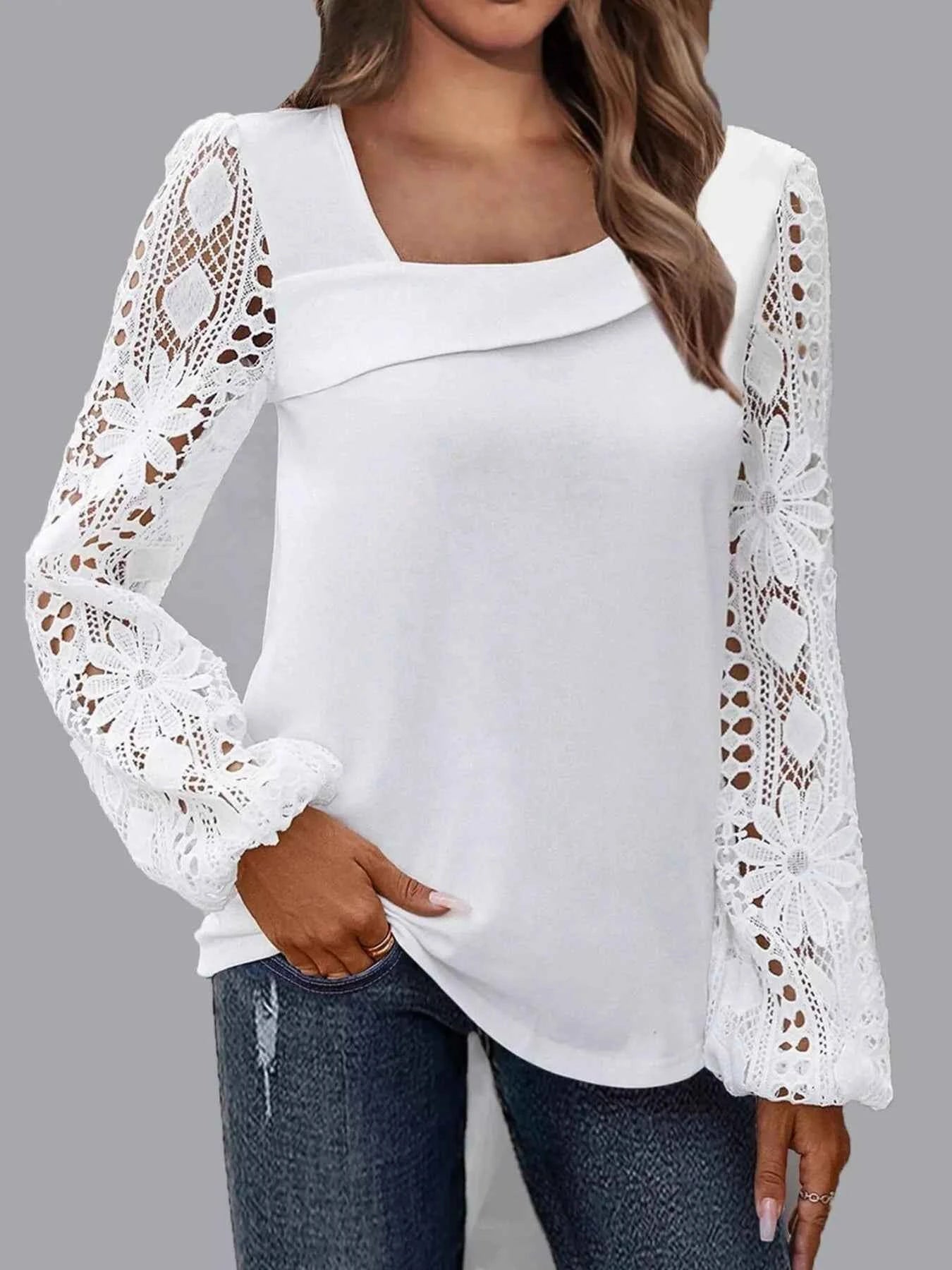 Asymmetrical Lace Long Sleeve Blouse White 85f0f0a90b2e4876b72b1a33f6dce2e8-Max-Origin