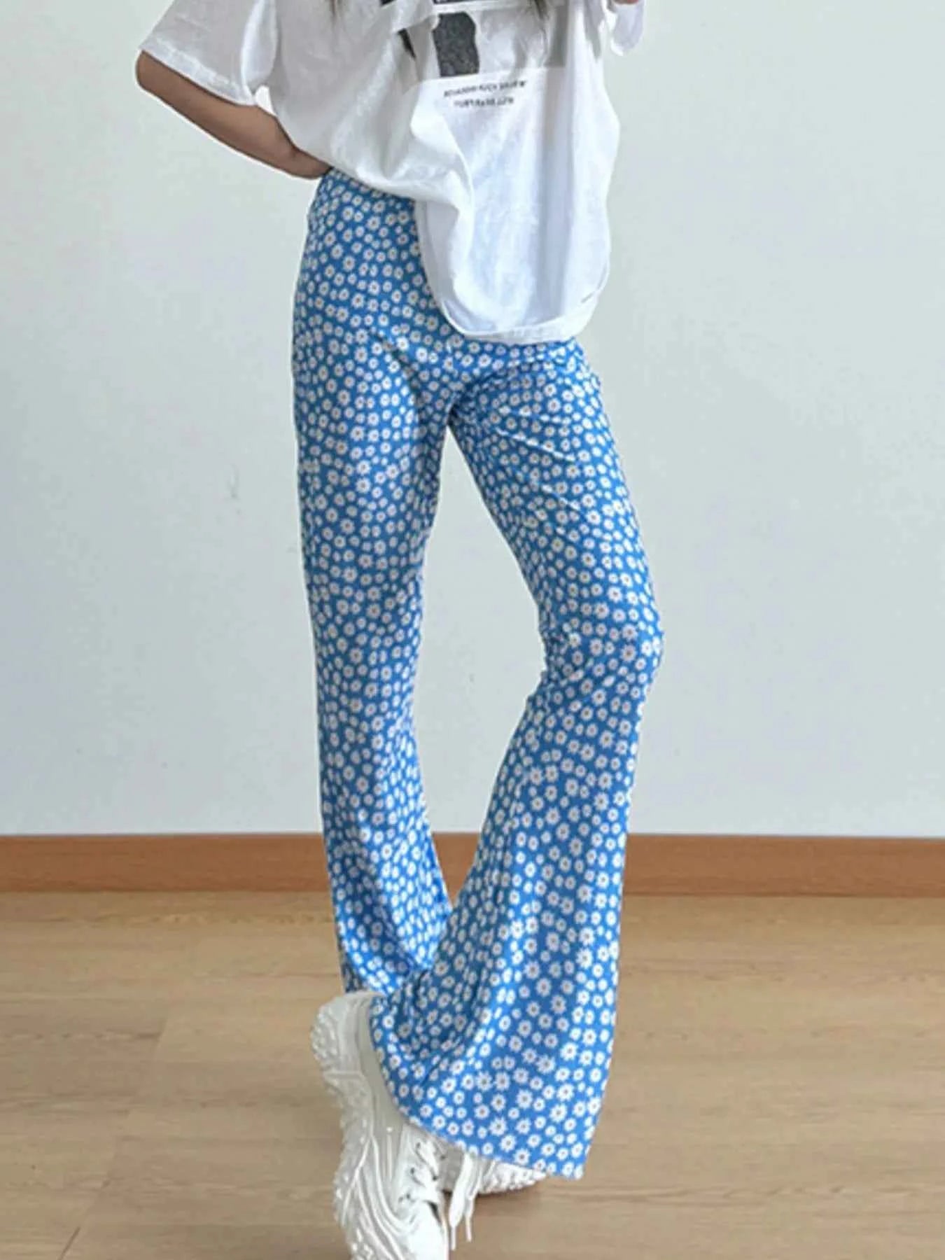 Floral Print Flare Leg Pants Blue Flower Lengthened 85f47b01-d446-4ea3-b819-1633fb0b3261-Max-Origin