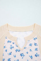 Beige Floral Print Waffle Patchwork Balloon Sleeve V Neck Oversized Top 85f7df6c4d89ddb8