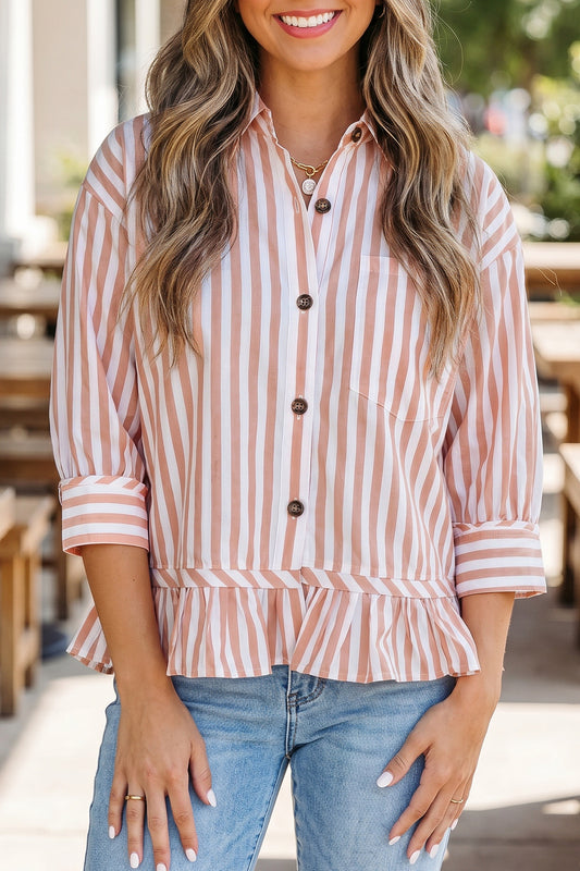 Khaki Stripe Collar Button Front Bracelet Sleeve Ruffle Hem Shirt Khaki Stripe 95%Polyester+5%Elastane 85f8c19c74581b7a