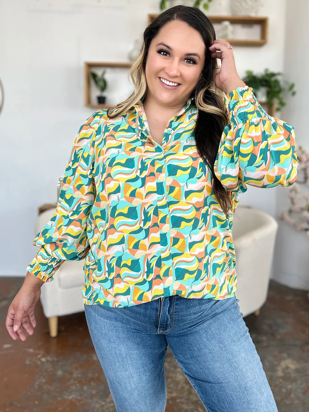 Double Take Full Size Printed Smocked Long Sleeve Blouse 85fa62a5-63fe-4b10-98aa-5f97f0c3fccb-Max