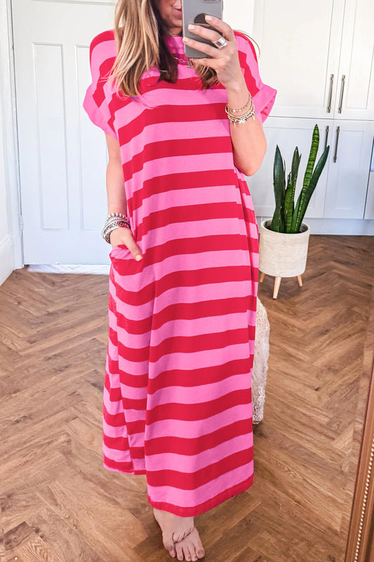 Rose Stripe Cuffed Short Sleeve Pocketed Casual T Shirt Long Dress Rose Stripe 95%Cotton+5%Elastane 85fb9b7130ad93eb