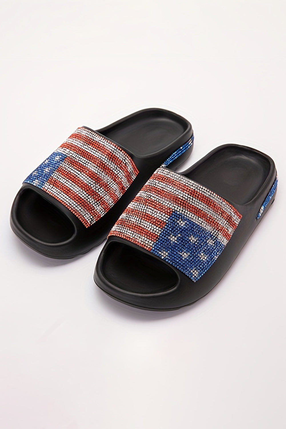 Black Rhinestone American Flag Thick Sole Slides Shoes 8605c1bd301a8427
