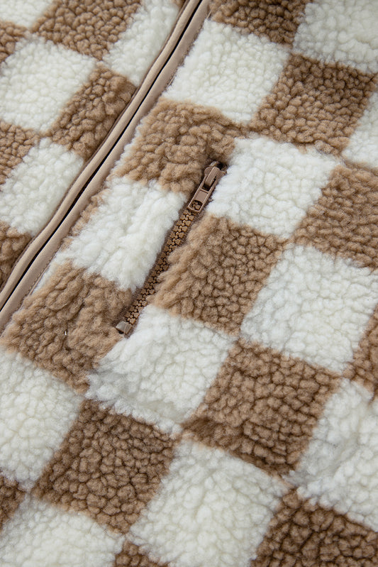 Khaki Checkered Sherpa Collared Jacket Vest 860a534524b466de