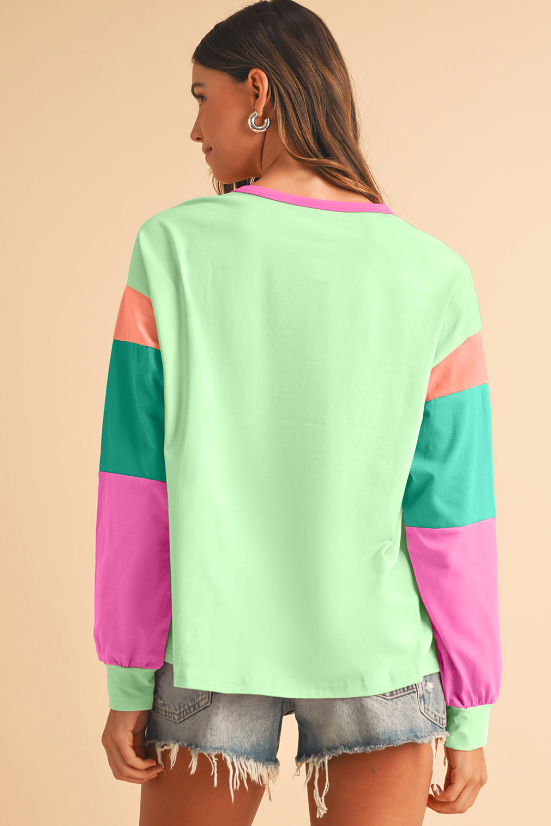 Green Color Block Sleeve Loose Fit Top 860cc784439b410c