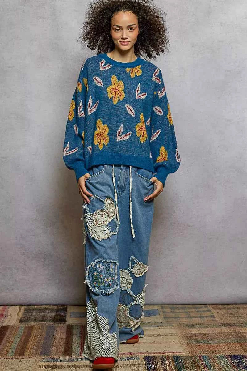 POL Floral Pattern Round Neck Balloon Sleeve Sweater 860dfede-3ca5-499b-8fd7-f0c339249c6f-Max-Origin