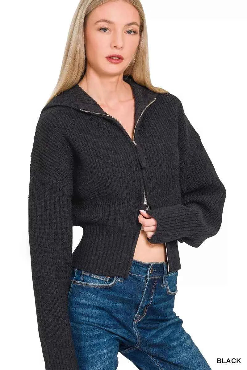Zenana Ribbed Collared Zip Up Sweater Cardigan 860f5efa0dd5494db741e0121d6cba42-Max-Origin