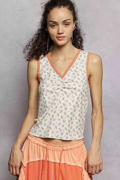 POL Ruched Floral V-Neck Tank with Lace Detail 86114512-4da2-4a84-b4a1-5c4dd21f5ba1-Max-Origin