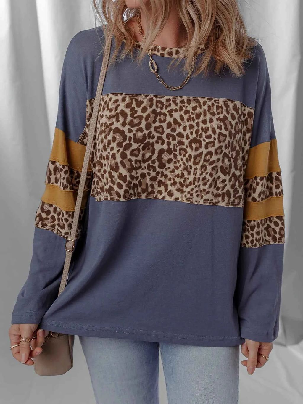 Leopard Color Block Long Sleeve Drop Shoulder Top Dark Blue 8611b674760e44b0994bd7505f3f0395-Max-Origin