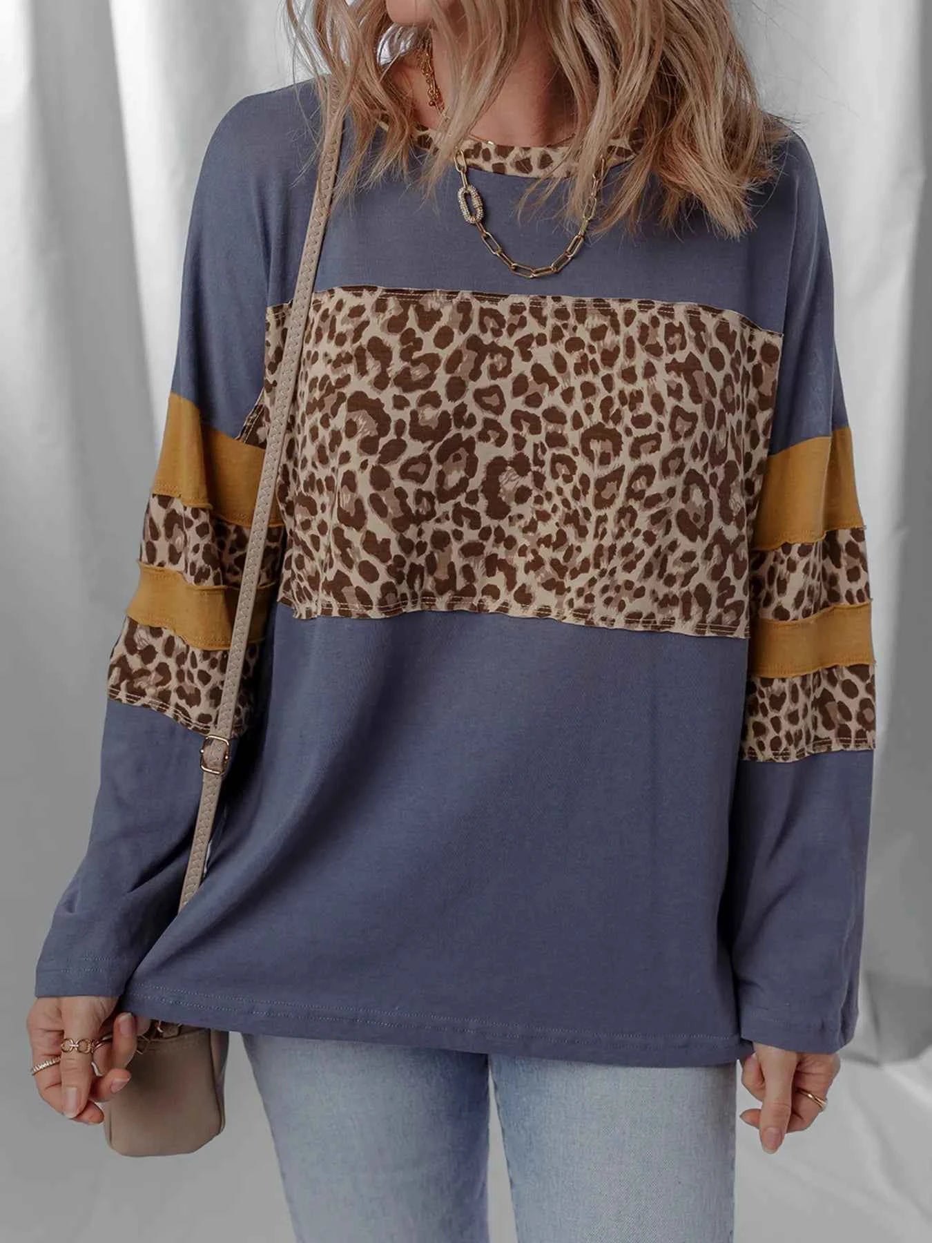 Leopard Color Block Long Sleeve Drop Shoulder Top Dark Blue 8611b674760e44b0994bd7505f3f0395-Max-Origin