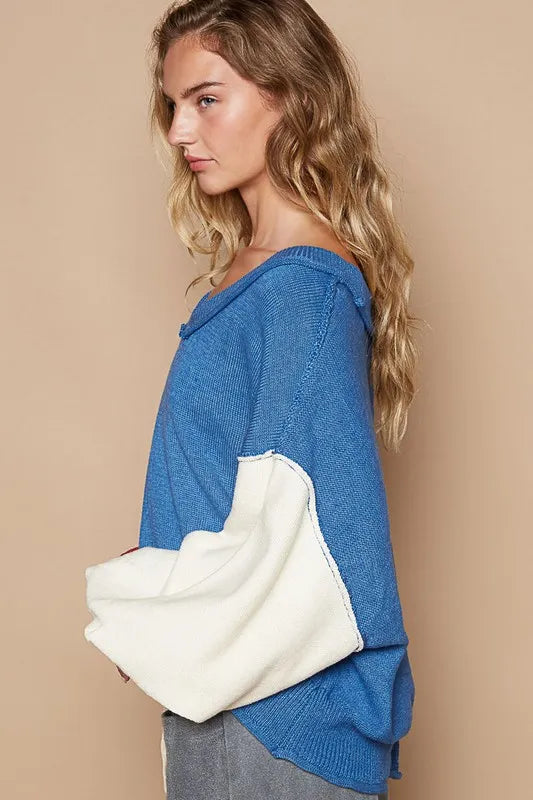 POL Exposed Seam Contrast V-Neck Lantern Sleeve Sweater 8620637d-c6e9-4904-9fd9-2696b5372cc0-Max
