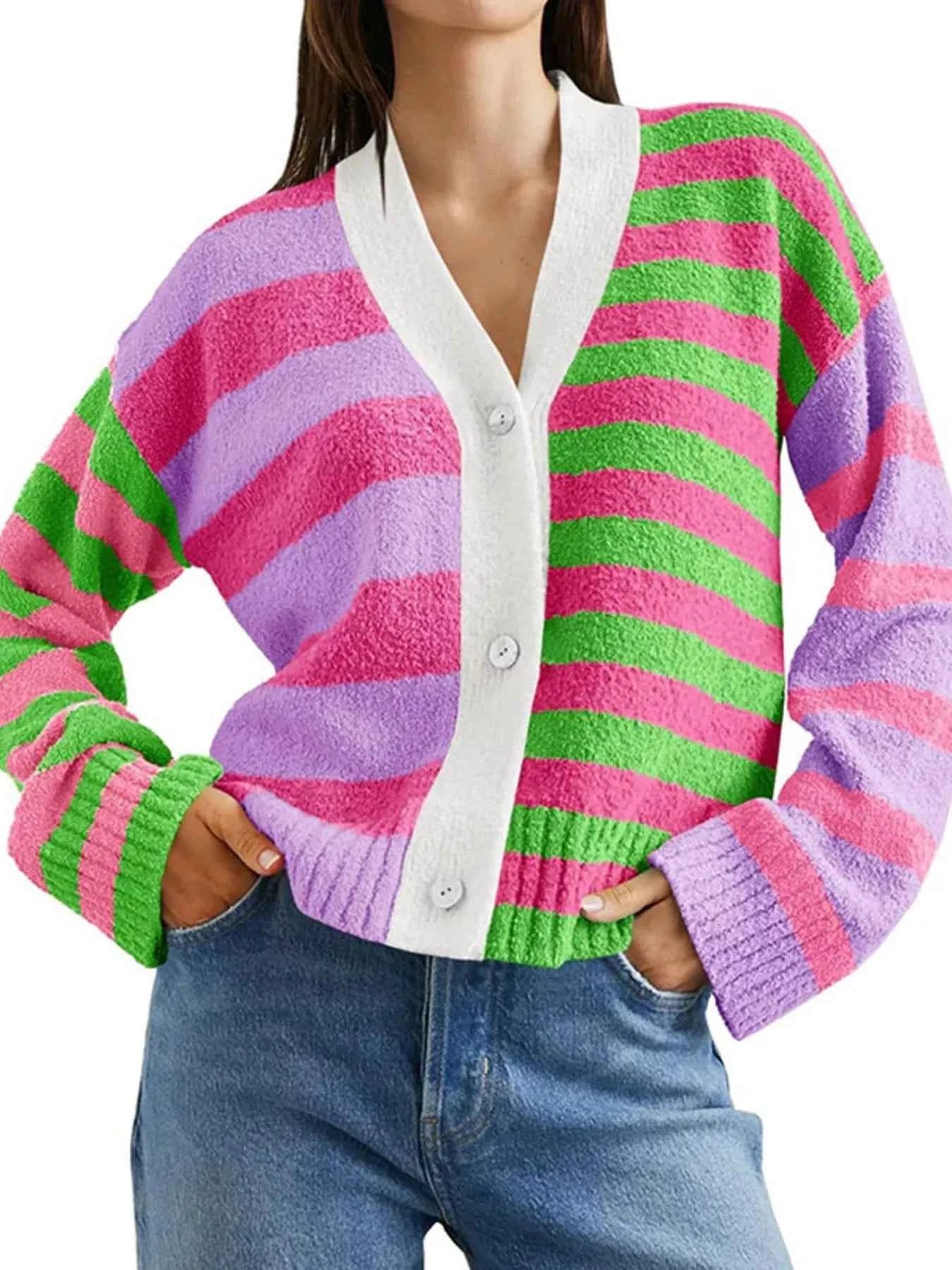 Striped Knit Button-Down Cardigan Rose Red 86238c56-35a7-4b50-a7ce-e178392c4e6e-Max-Origin