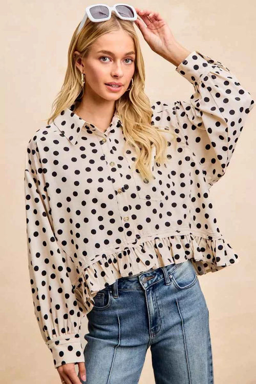 BiBi Crinkle Polka Dot Ruffled Hem Button Up Shirt Top 8627b00e7d304dada59fa204786fc077-Max-Origin